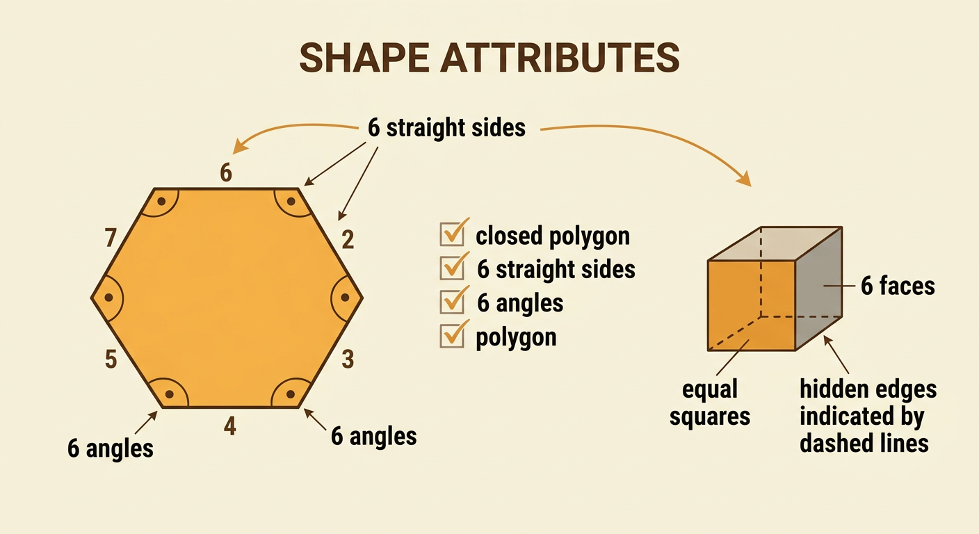 A checked hexagon has every side and angle marked, with a small cube showing its six equal square faces.