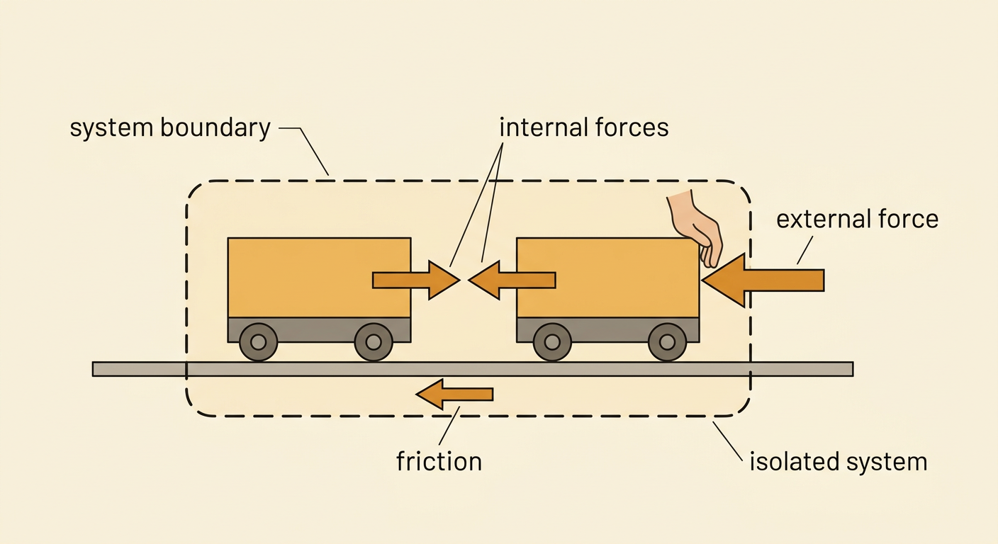 Two colliding carts sit inside a system boundary while cart forces act internally and a hand and friction act from outside.
