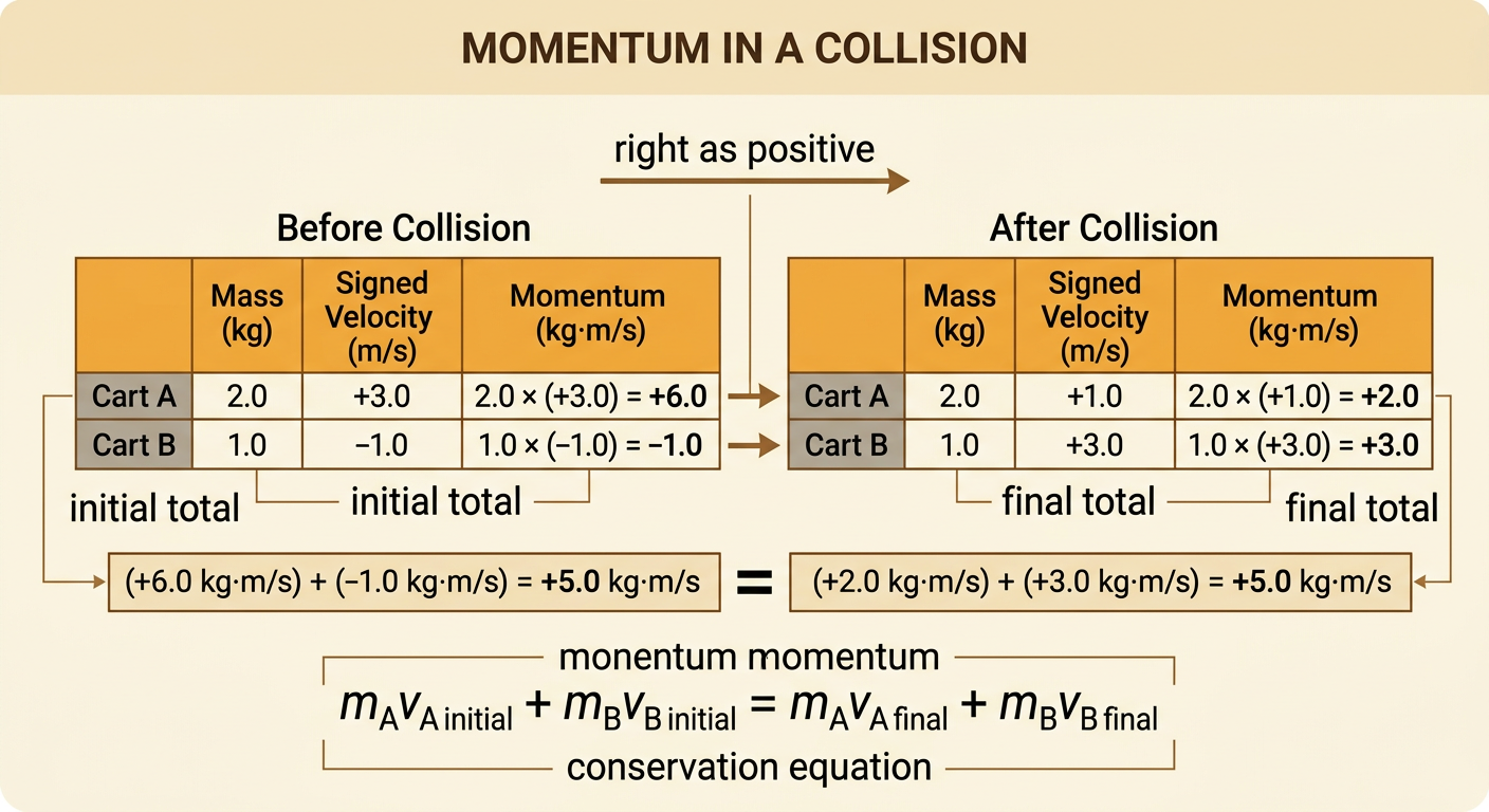 A calculation chart compares each cart's signed momentum and shows equal system totals before and after the collision.