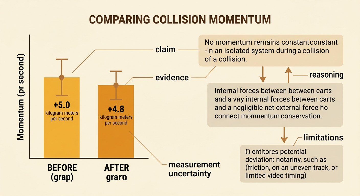 An evidence display organizes the collision results into a claim, numerical evidence, physical reasoning, and experimental limitations.