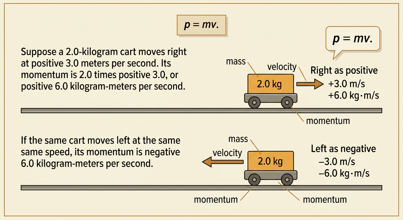 A 2.0-kilogram cart is shown moving right and left with signed velocity arrows and corresponding momentum values.