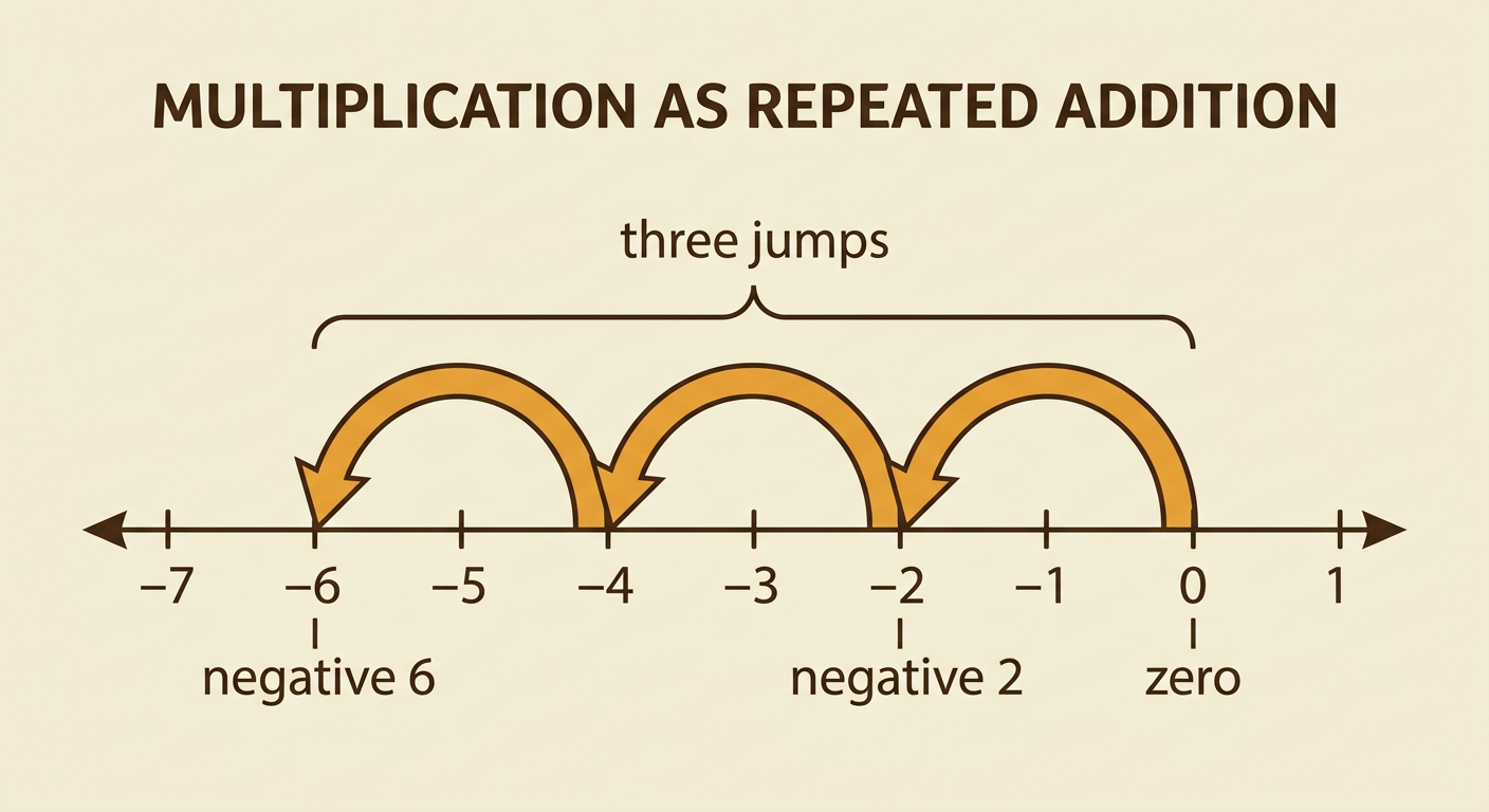 A number line shows three equal leftward jumps from zero to negative 6, with the first landing at negative 2.