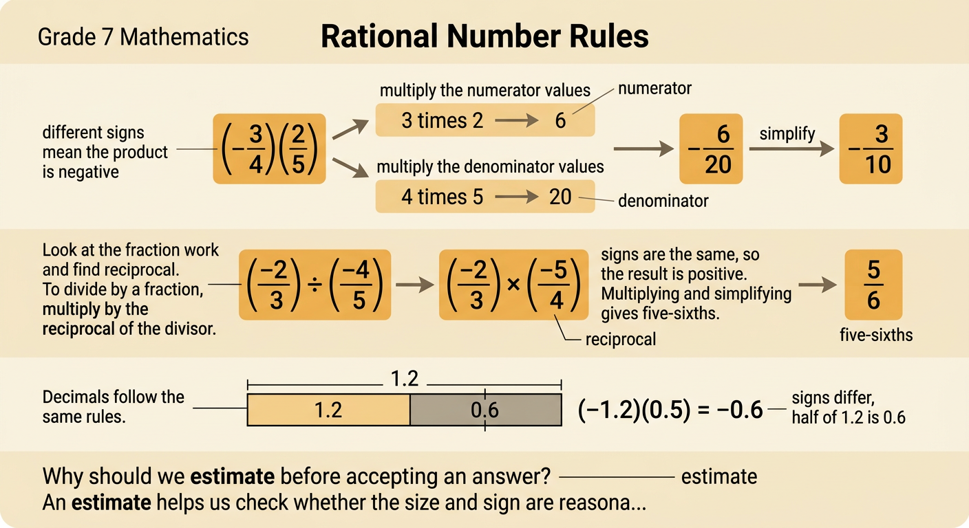 A worked example sheet shows signed fraction multiplication, division using a reciprocal, and decimal multiplication with an estimate check.