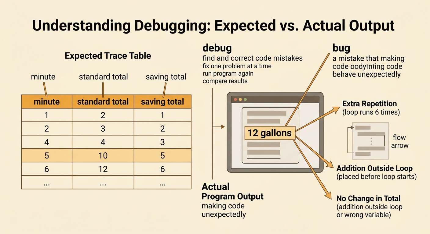 A trace table displays correct totals for minutes one through five beside code with one highlighted bug.