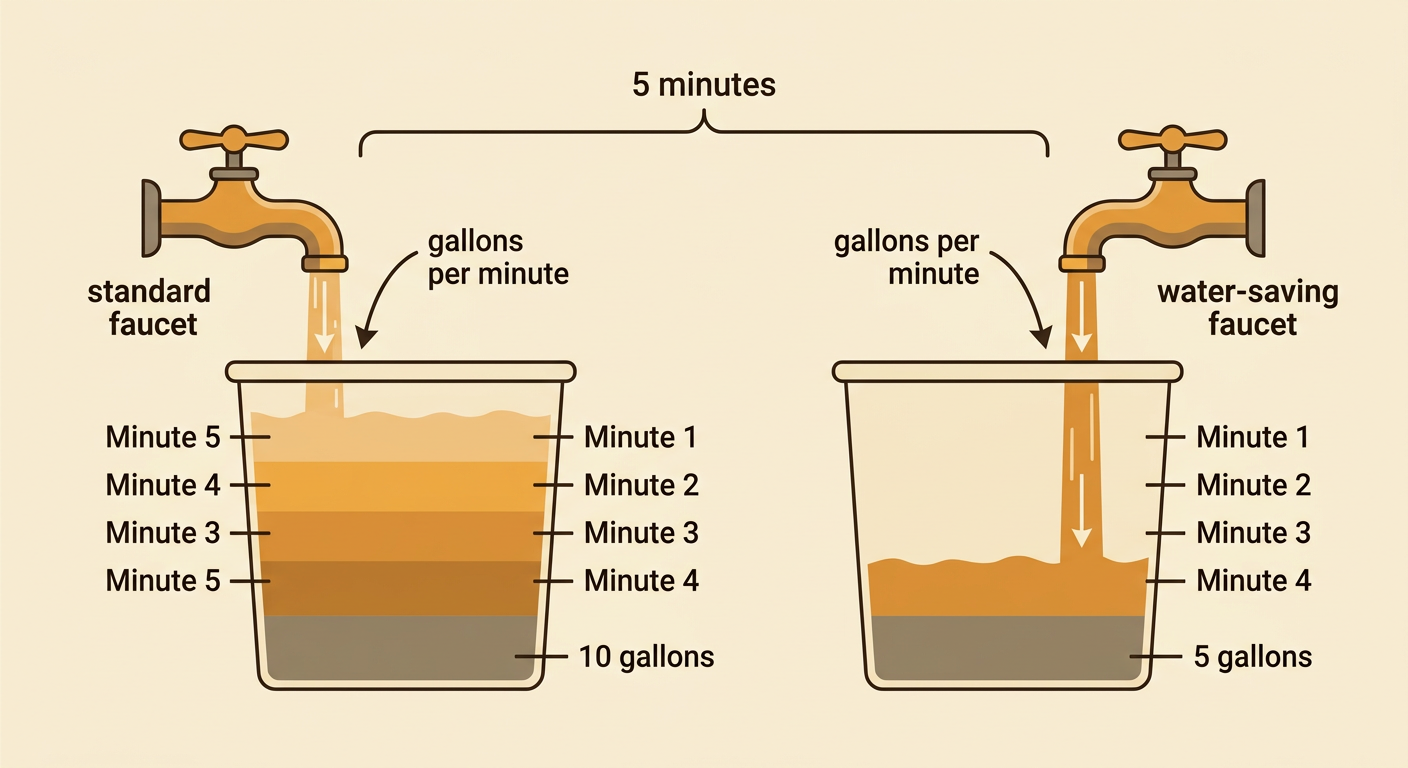 Two labeled faucets fill separate marked containers for five minutes, with the standard stream twice as large.