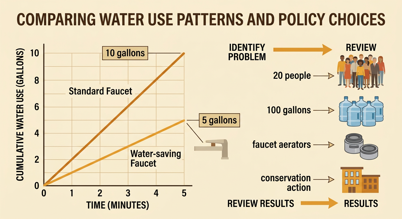 A comparison graph ends at ten and five gallons, with twenty people linked to a one-hundred-gallon community saving.