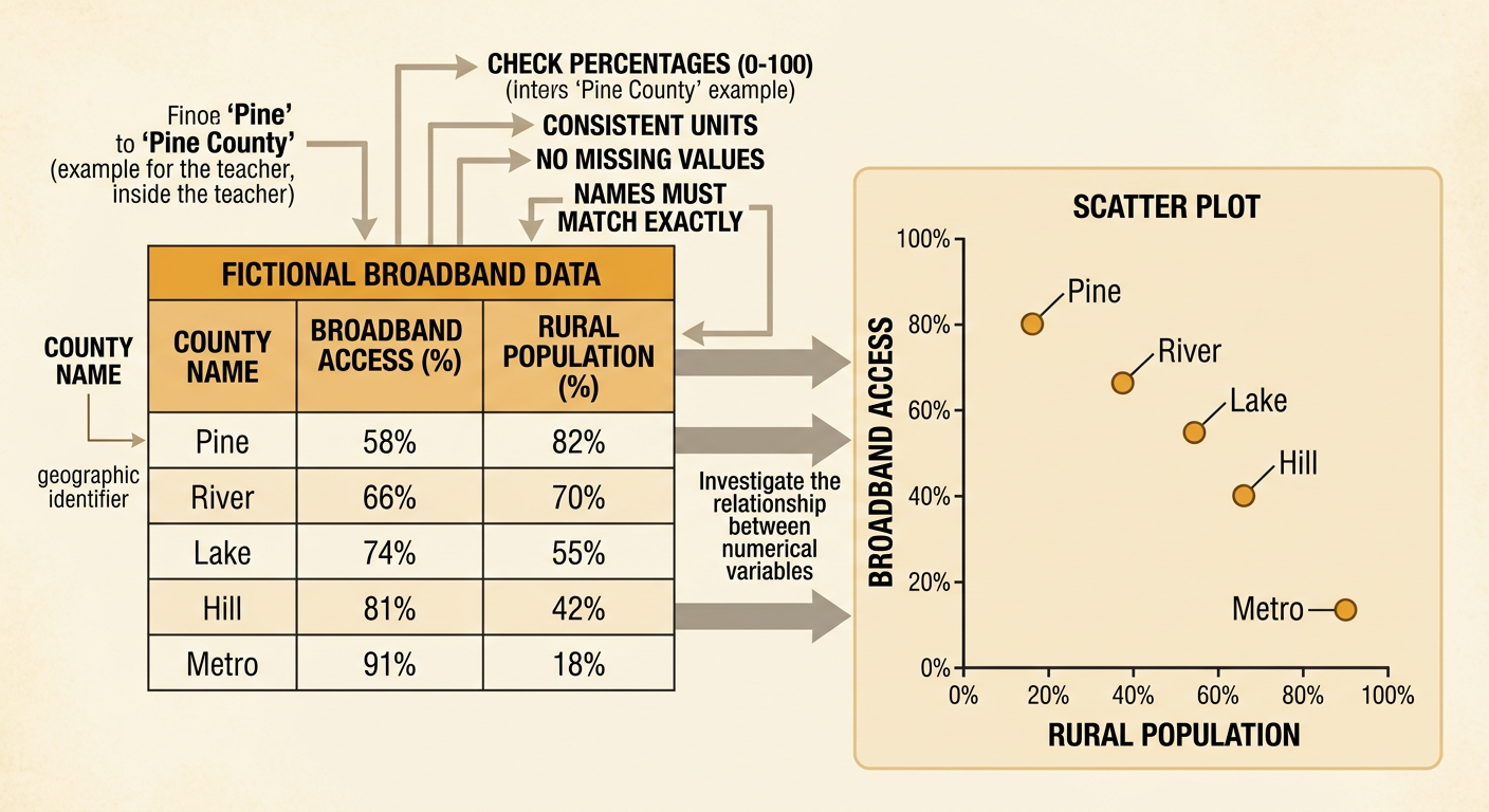 A data inspection screen shows the five-county table beside a scatter plot of rural population and broadband access.