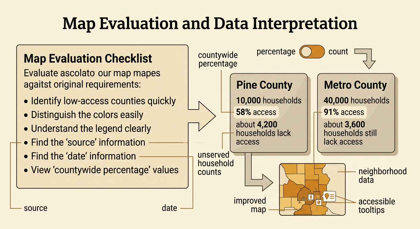 An evaluation dashboard compares countywide percentages with unserved household counts for Pine and Metro and lists possible map improvements.