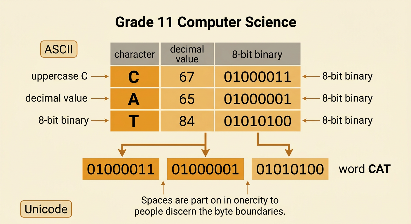 A character-encoding chart connects the letters C, A, and T to their decimal values and three 8-bit patterns forming CAT.