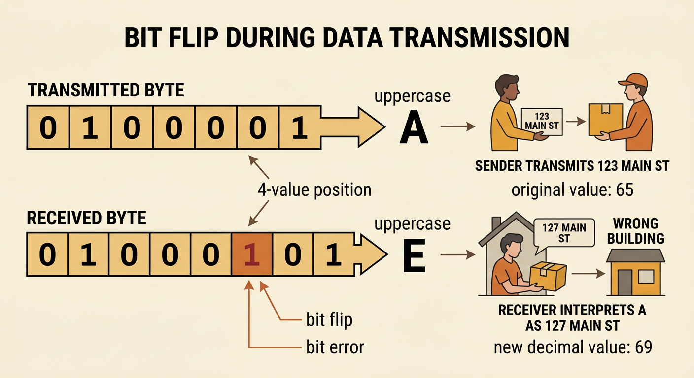 A before-and-after ASCII diagram shows uppercase A changing to uppercase E when the highlighted 4-value position flips from 0 to 1.