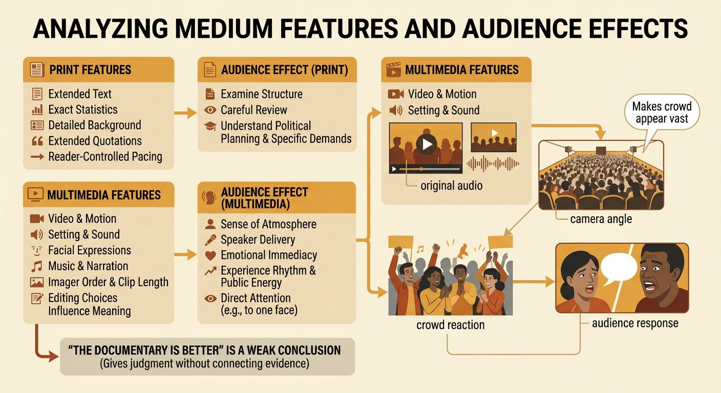 A documentary frame shows King speaking to a large crowd with visual cues for audio, angle, and audience response.