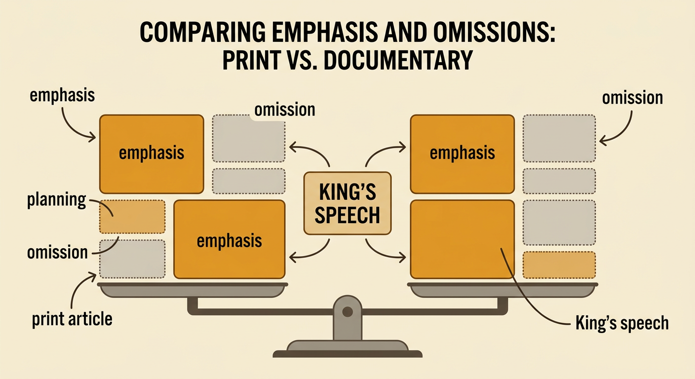A balance graphic contrasts article space devoted to planning with documentary attention focused on King’s speech.