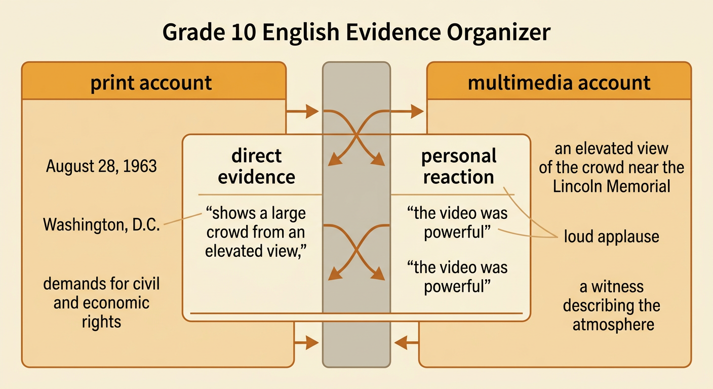 A two-column organizer contains precise notes from an article and a documentary about the March on Washington.