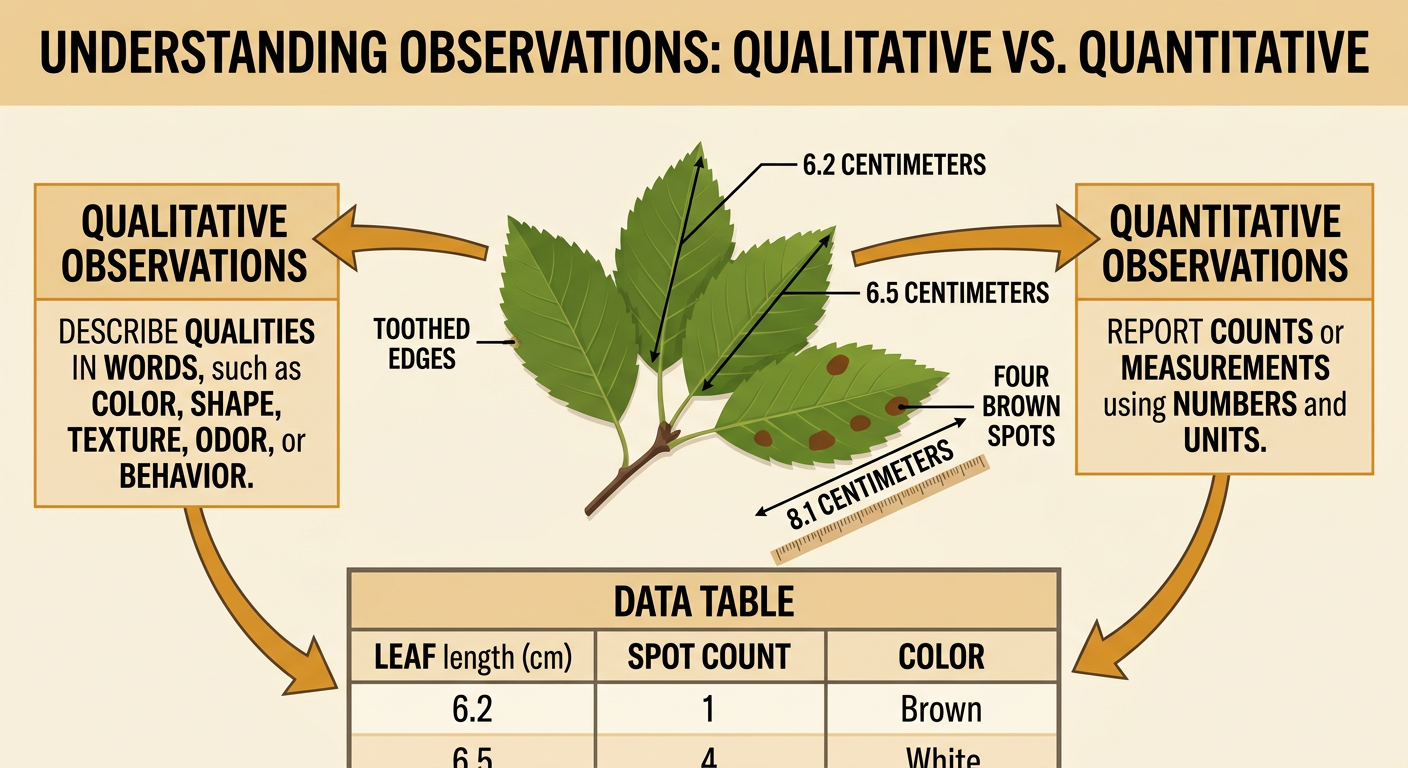 Three green leaves with toothed edges appear beside a ruler and a data table of lengths and brown-spot counts.