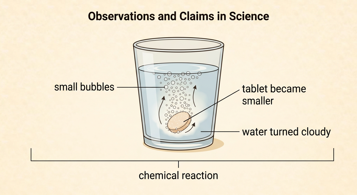 A clear cup shows an effervescent tablet producing bubbles, shrinking, and making the water cloudy, beside a crossed-out explanation.