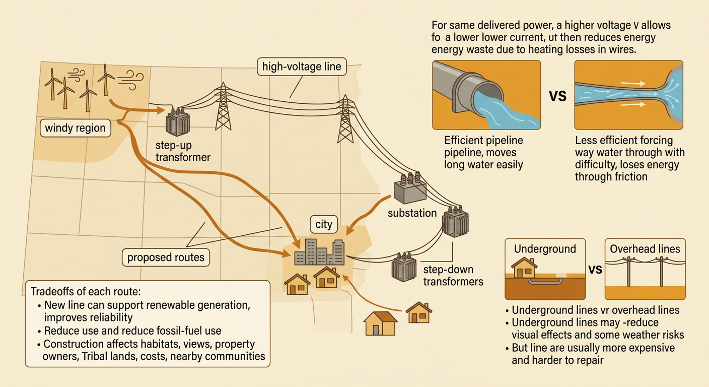 A labeled planning map shows proposed high-voltage transmission routes connecting a windy region to a city.