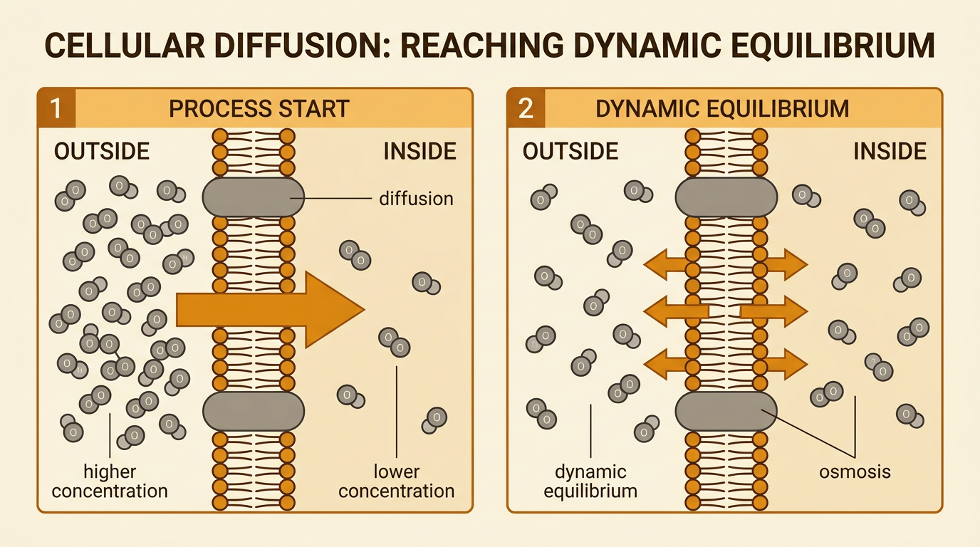 Oxygen particles diffuse across a cell membrane from higher concentration to lower concentration, with a small inset showing dynamic equilibrium and osmosis.