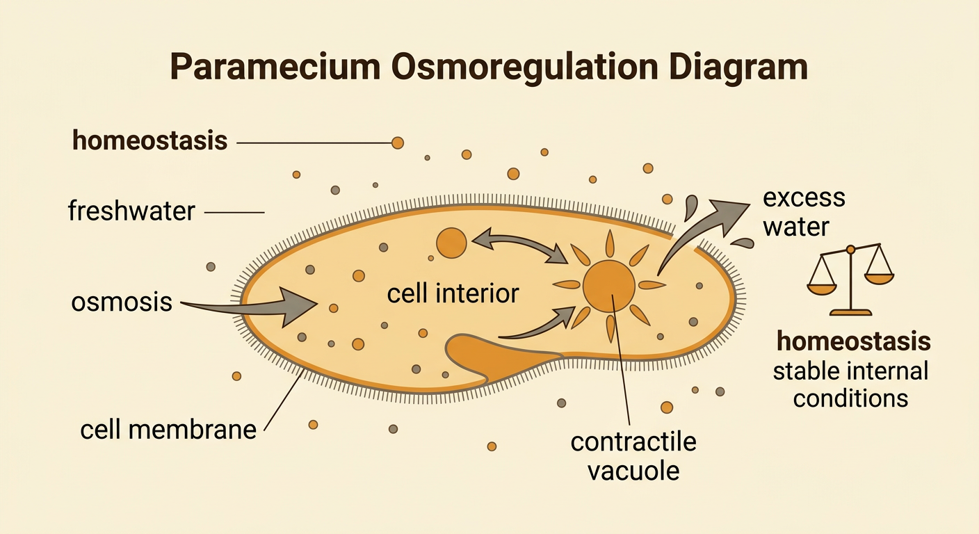 A paramecium in freshwater takes in water by osmosis while its contractile vacuole expels excess water to maintain homeostasis.