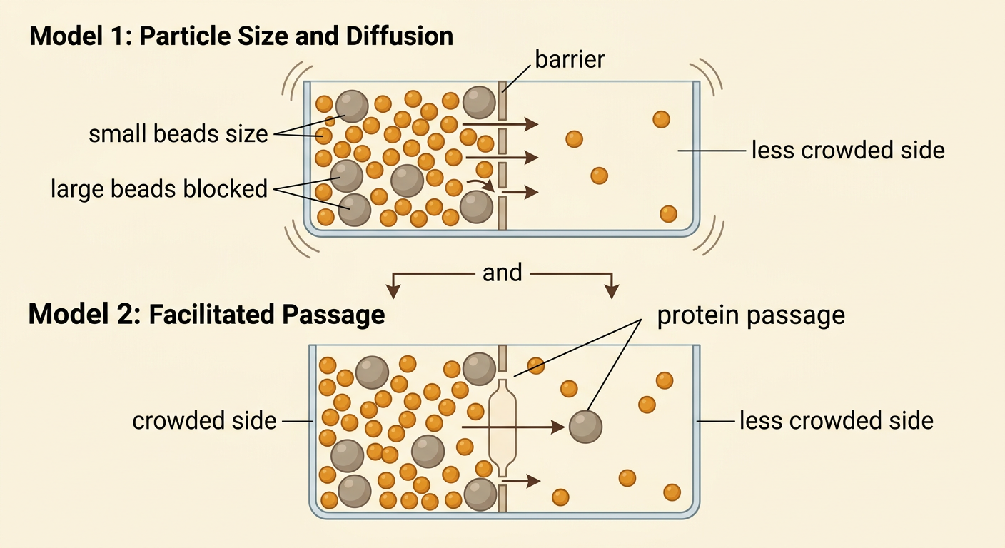 A divided clear container shows small beads crossing tiny barrier openings while large beads cross only through a larger protein passage.