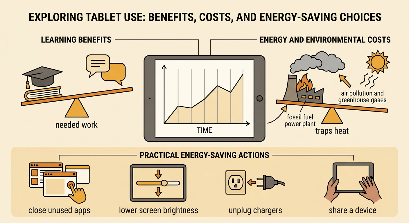 A classroom decision poster connects the tablet line plot to four practical ways of reducing unnecessary device energy use.