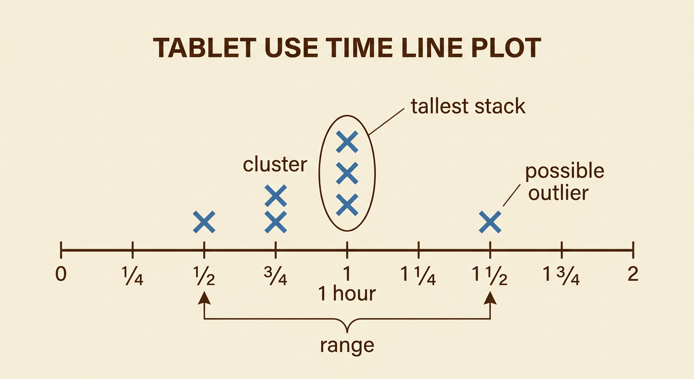 The line plot highlights the central group of values, the tallest stack, the separated point, and the distance between the shortest and longest times.