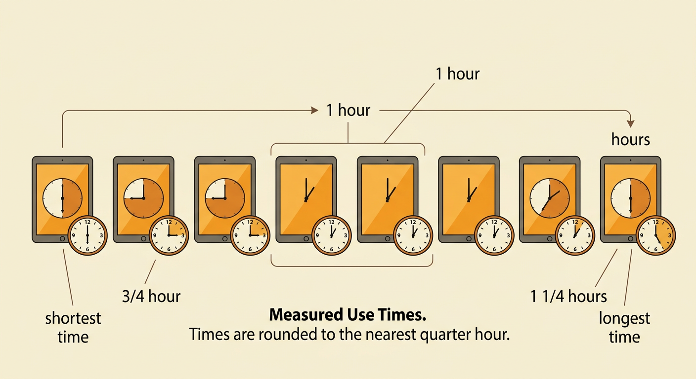 Eight tablet cards show their daily use times in order from the shortest measurement to the longest measurement.