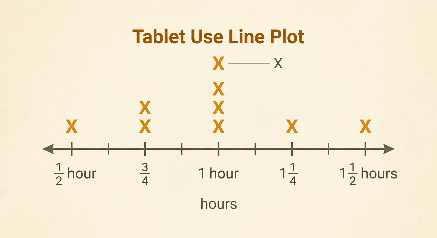 A digital line plot shows eight X marks stacked above quarter-hour values from one-half hour through one and one-half hours.