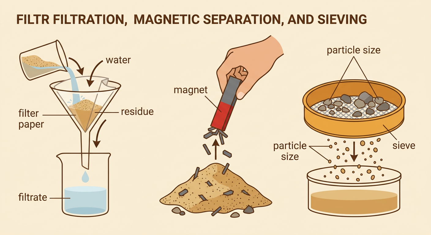 A combined separation diagram shows sand being filtered, steel pieces lifted by a magnet, and mixed solids sorted by a sieve.