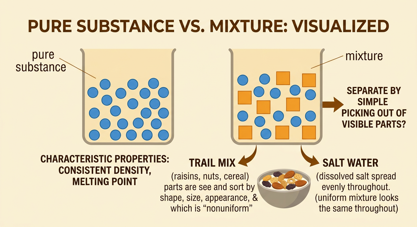 A comparison shows one container of a pure substance beside uniform salt water and visibly varied trail mix.