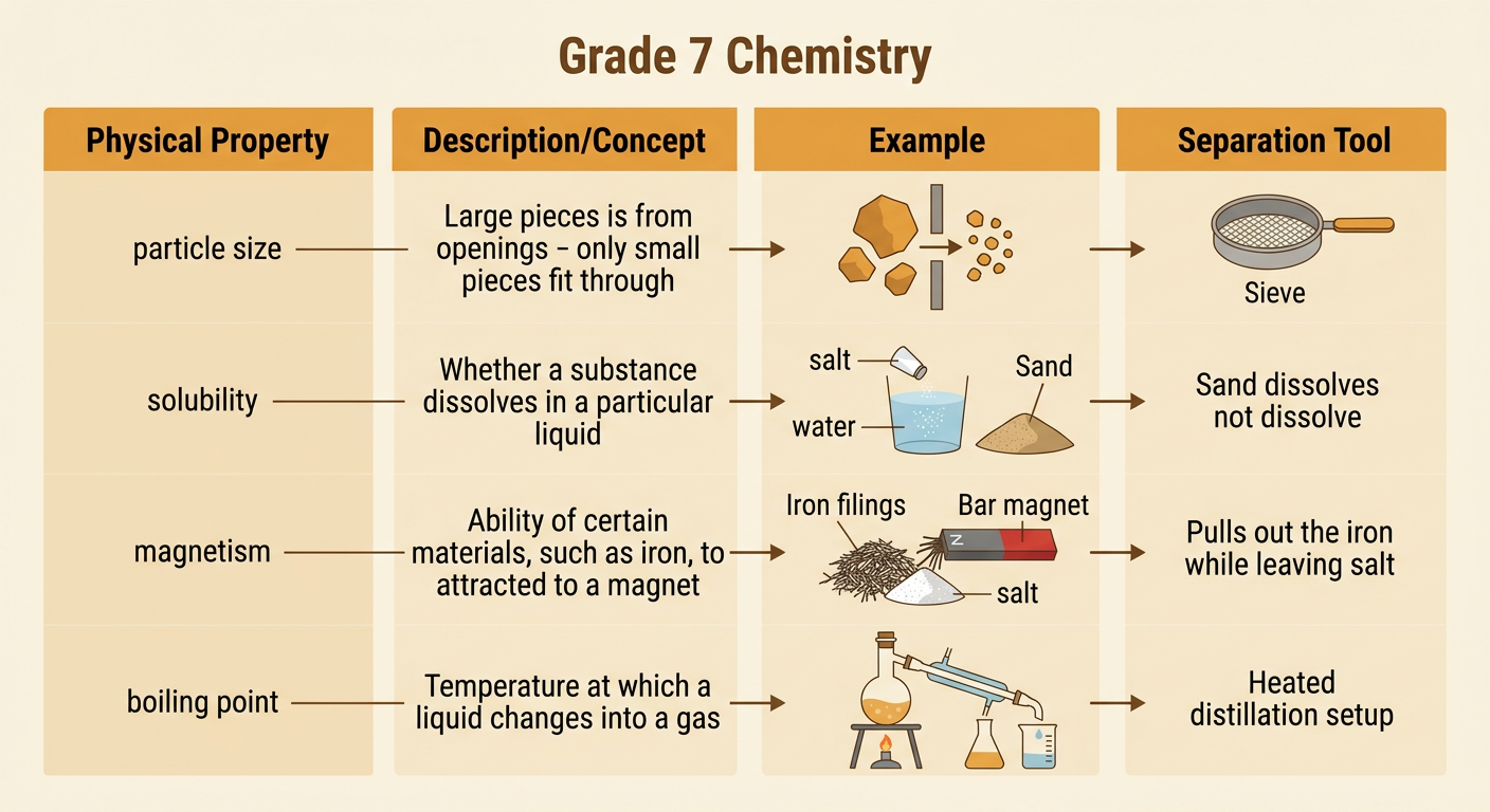 One illustrated chart connects size sorting, dissolving, magnetic attraction, and heating to four physical properties.