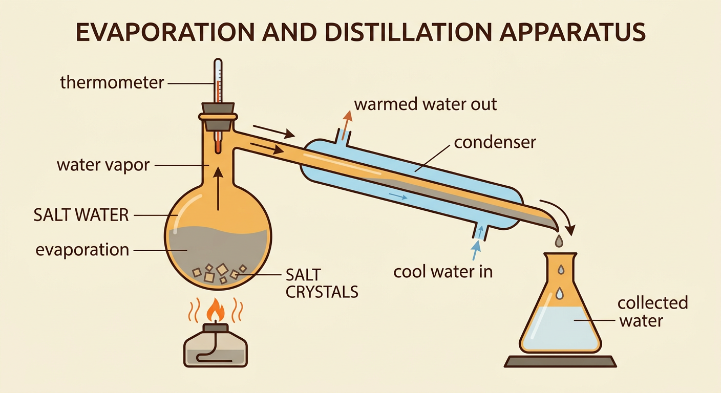 A side-by-side setup shows salt left by evaporation and water recovered through a simple distillation apparatus.