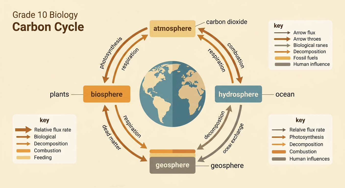 A boxed carbon cycle model traces one carbon atom through a maple leaf, soil, and the atmosphere.