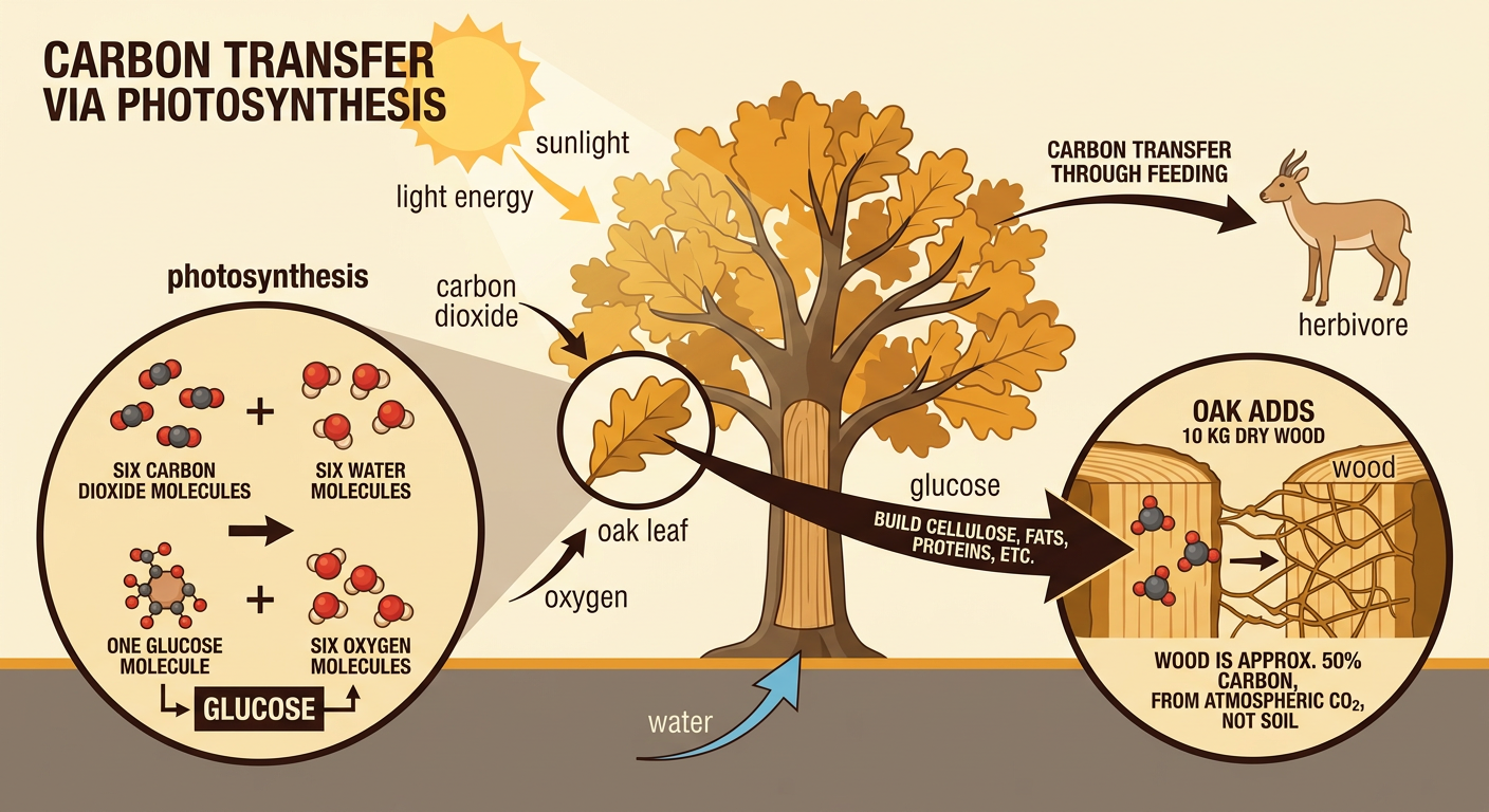 Sunlight drives photosynthesis in an oak, moving atmospheric carbon into glucose and new wood.