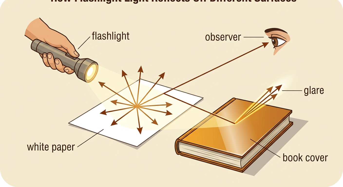 A flashlight illuminates white paper and a book cover while an observer views their different reflections from the side.
