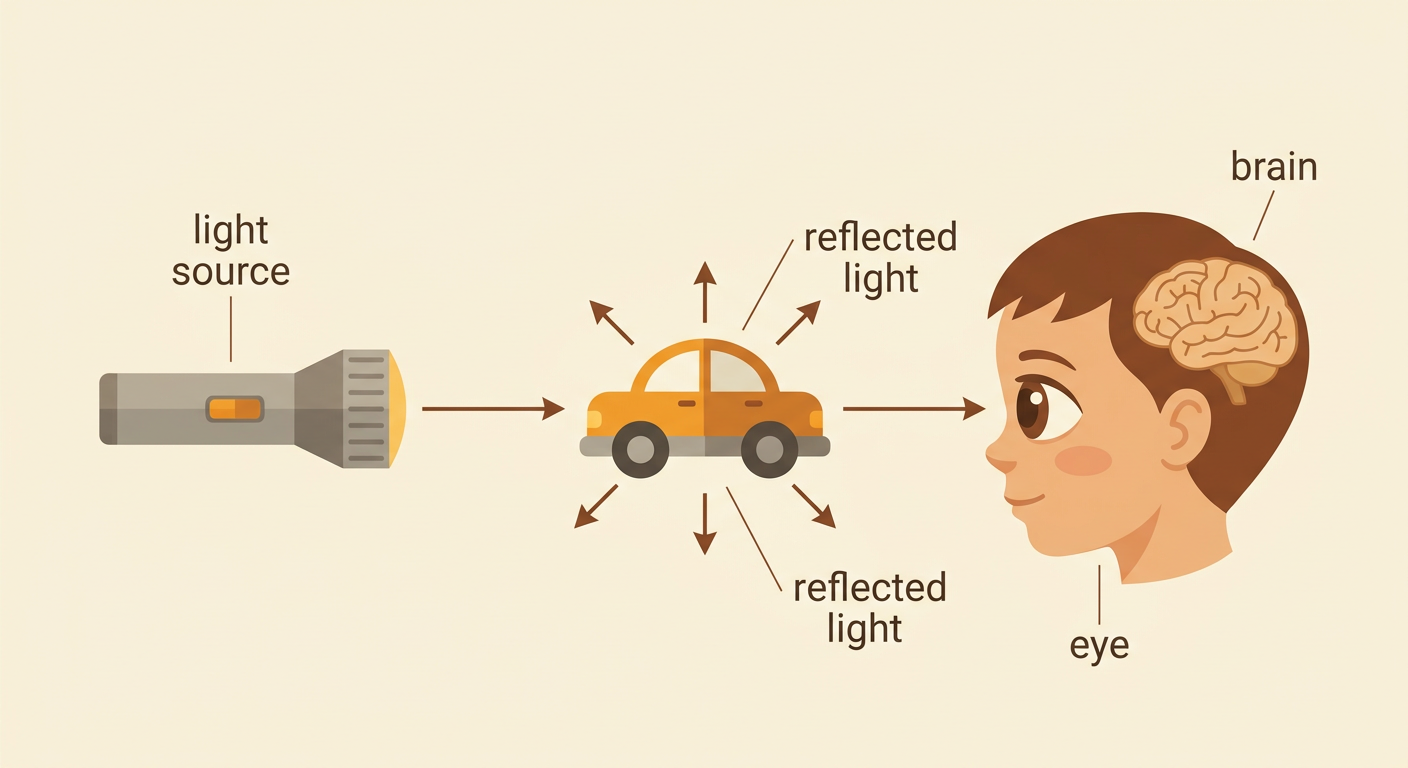 Arrows trace light from a flashlight to a toy car and then from the toy car into an eye.