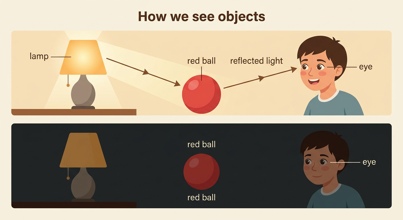 A lamp shines on a red ball, and arrows show reflected light traveling from the ball into an eye.