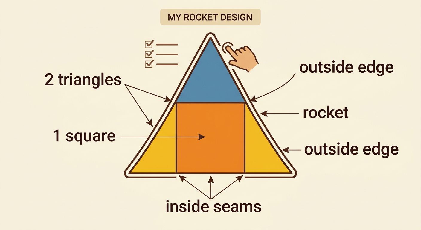 A flat rocket made from two triangles and one square is checked by tracing its outside edge and pointing to its inside seams.