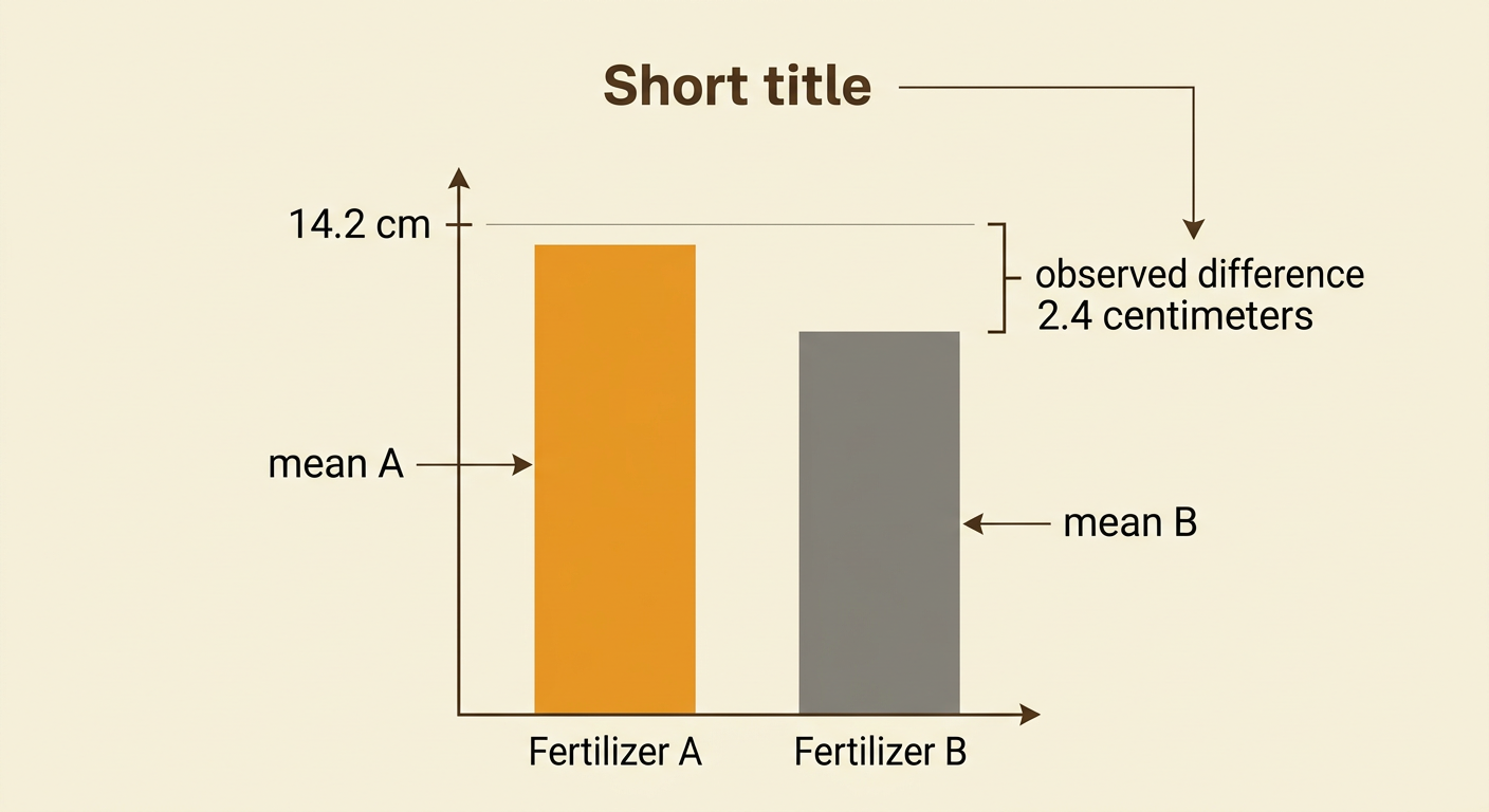Two plant groups appear beside their sample means and the subtraction yielding the observed difference.