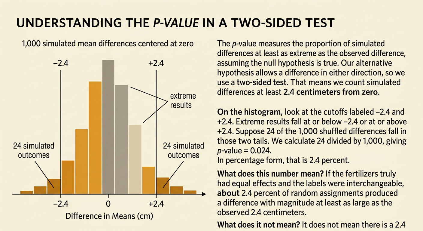 A randomization histogram highlights both tails beyond negative and positive 2.4, with 24 simulated results shaded.