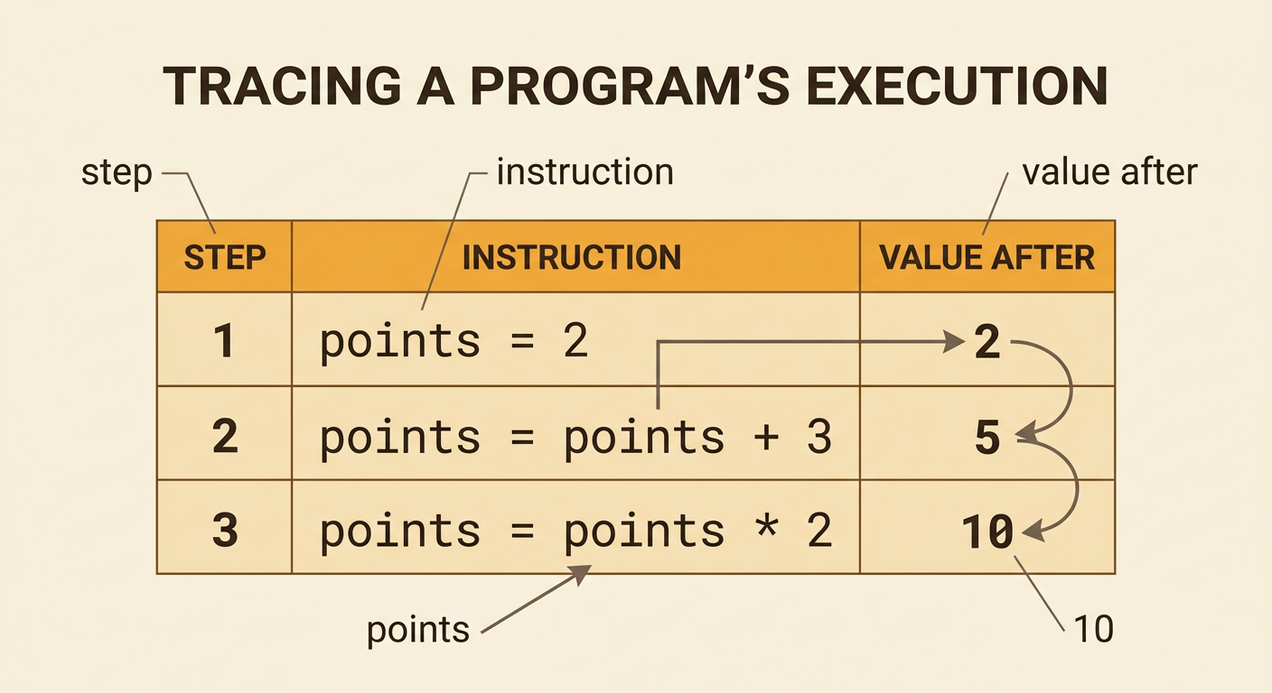 A trace table follows three points instructions and records the values 2, 5, and 10 in order.