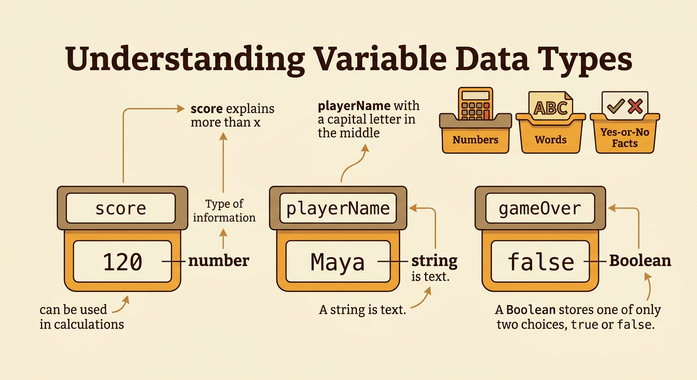 Three variable cards show a number, a string, and a Boolean with example names and values.