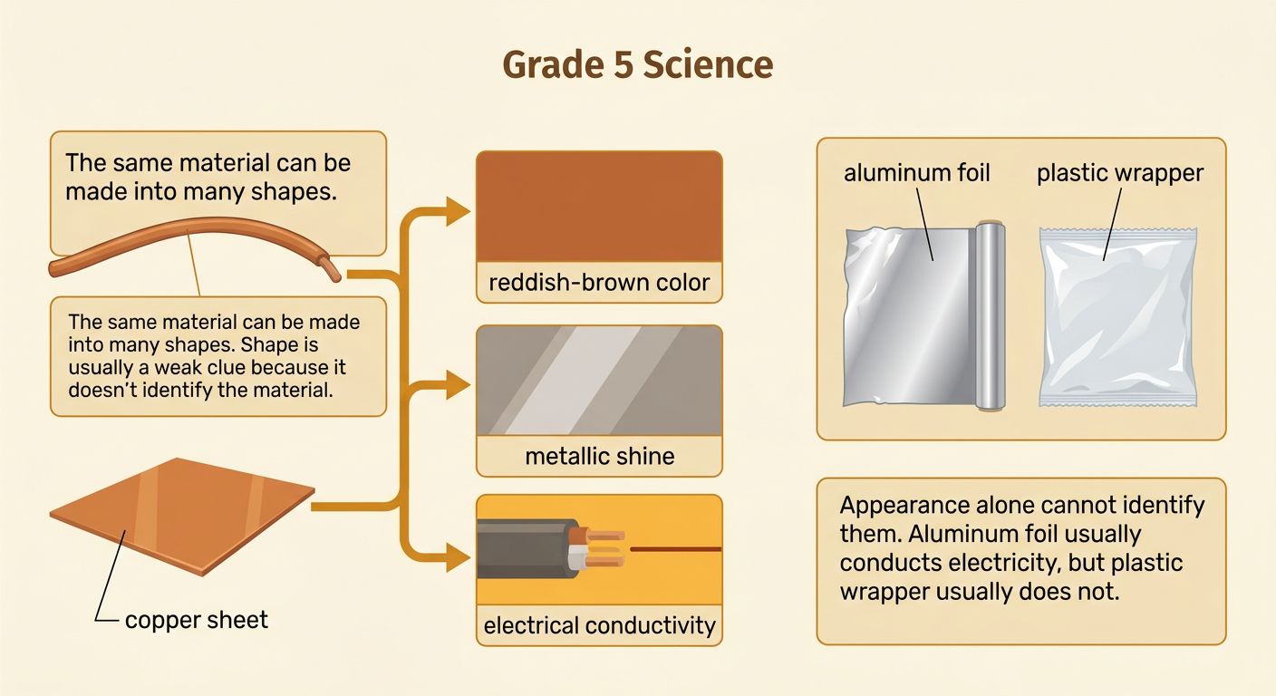 A comparison diagram shows shiny aluminum foil beside a plastic wrapper and copper formed as both wire and sheet.