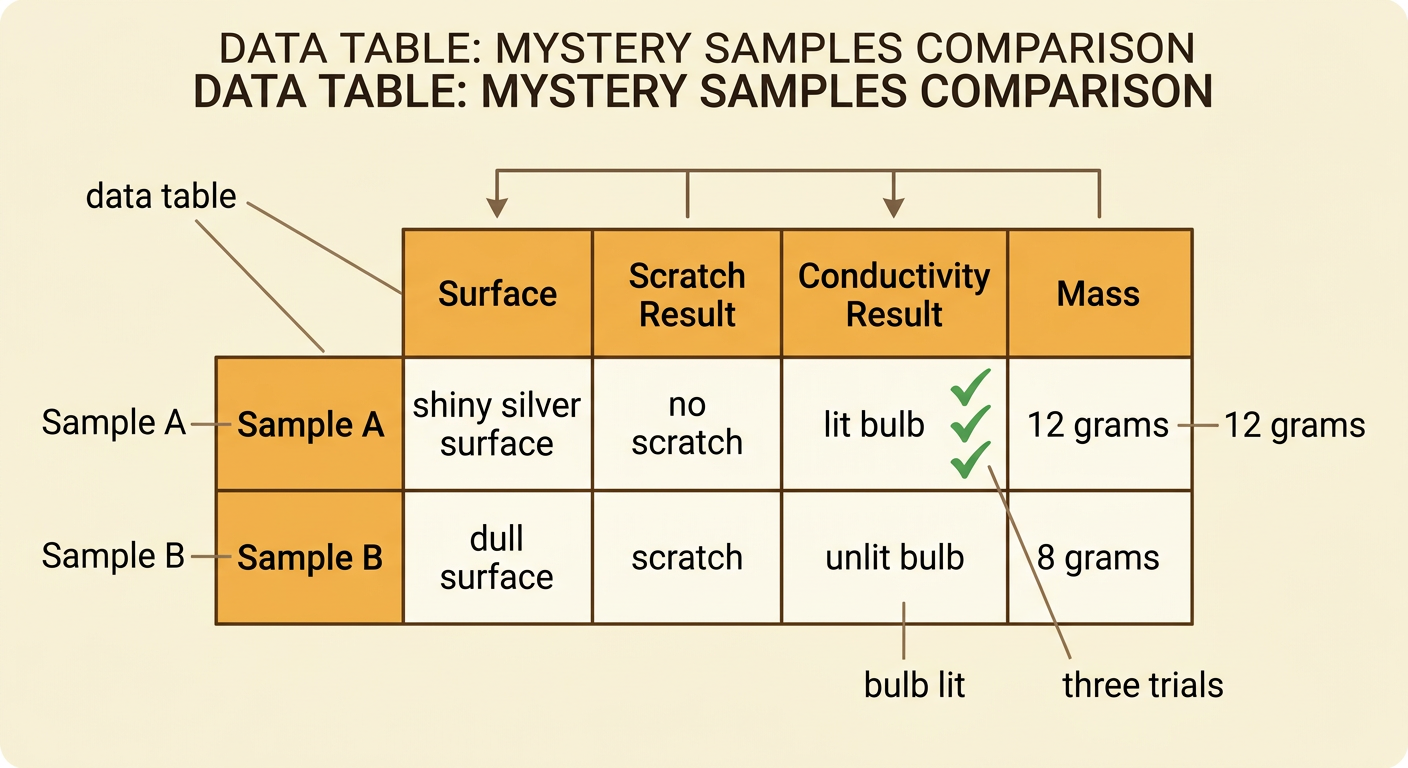 A clear data table compares Sample A and Sample B by shine, scratch results, mass, and three bulb trials.