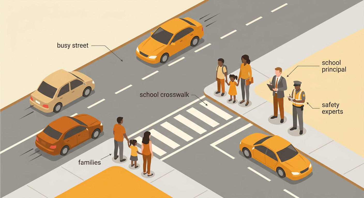 Fast cars pass a school crosswalk while families wait beside the busy street and a leader observes.