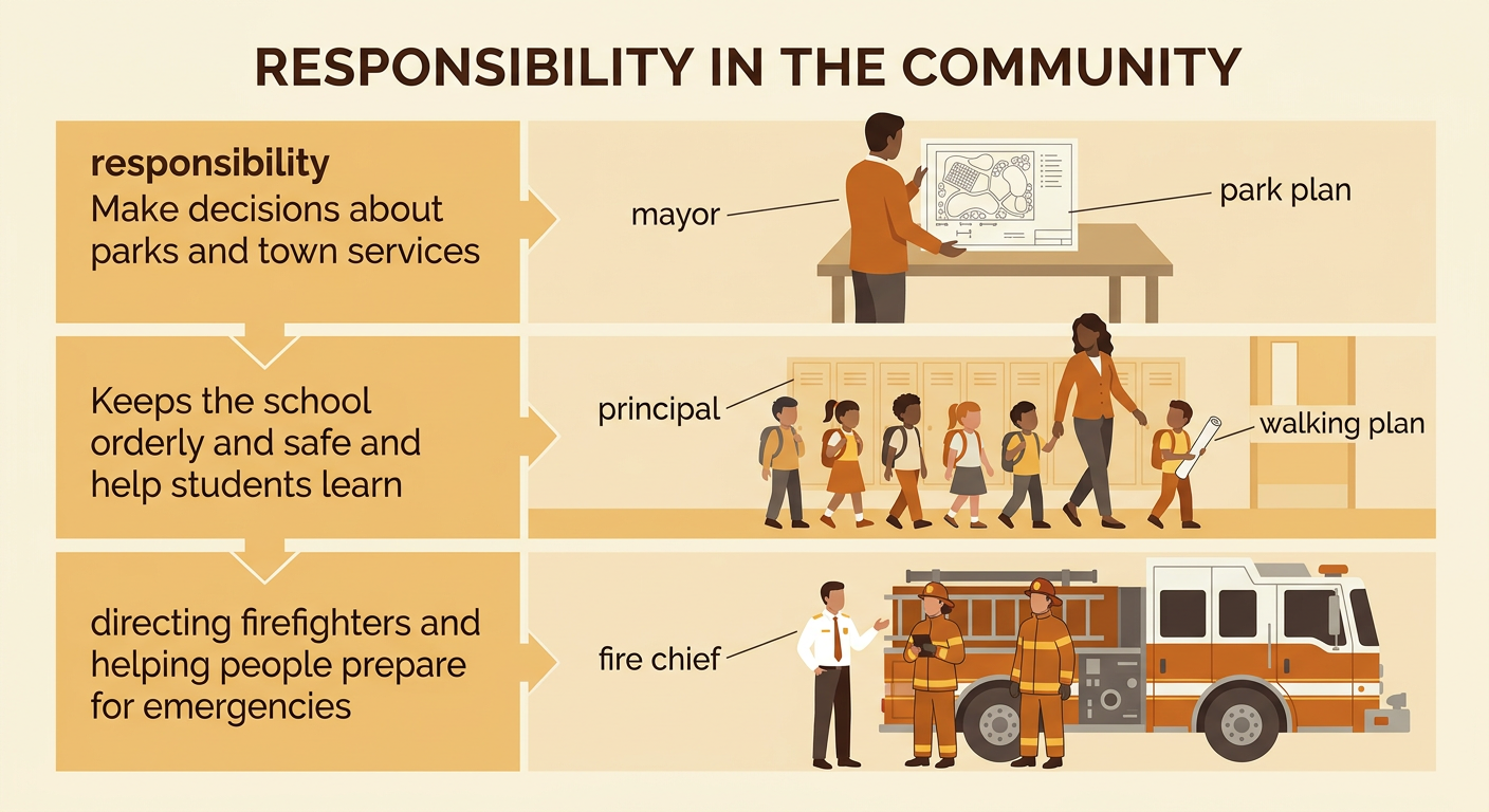 Three community leaders handle their responsibilities while a principal studies a crowded school hallway.