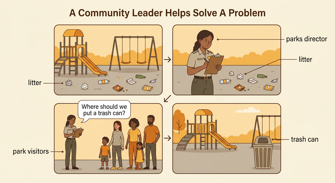 A parks director studies litter on a playground, asks visitors a question, and plans an approved trash can location.