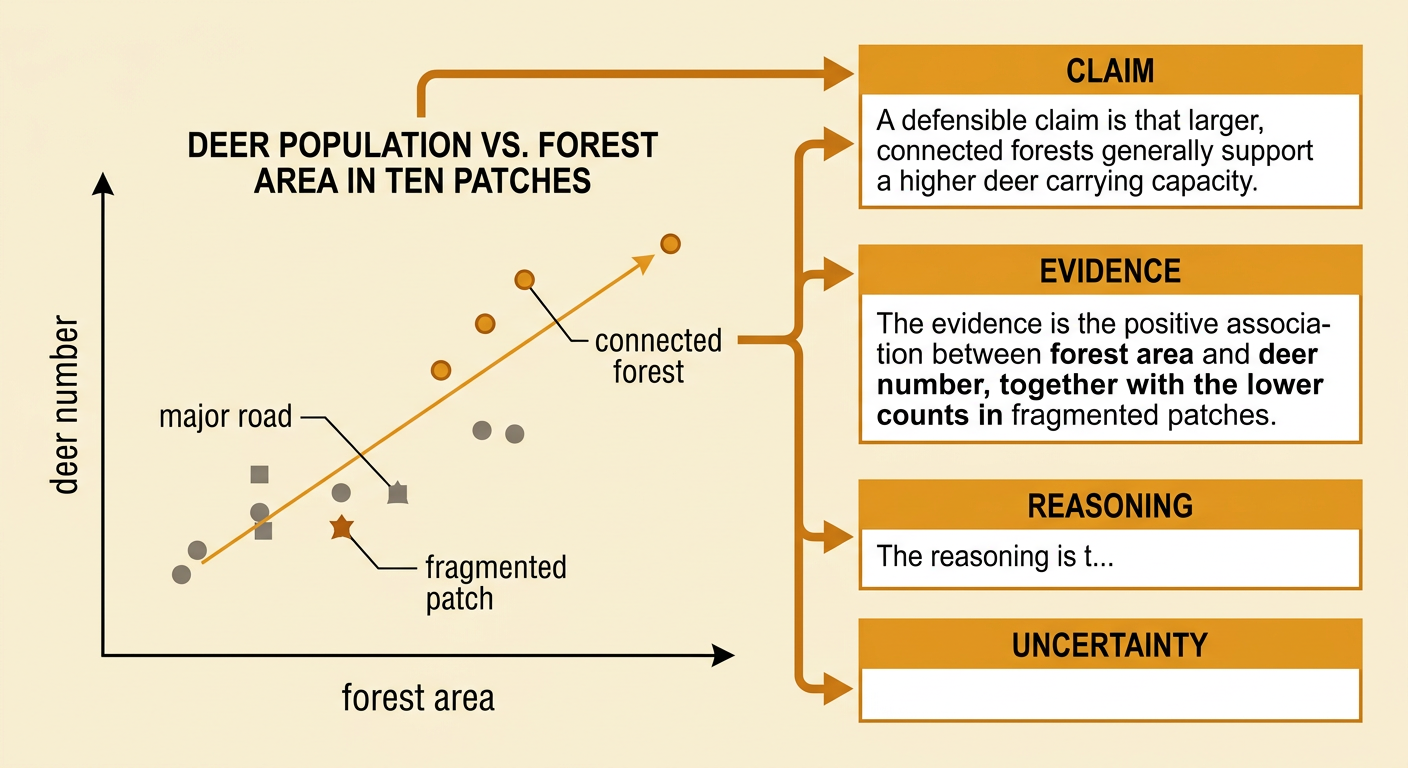 A forest data display compares deer numbers across large and small patches, including connected forests and patches divided by a major road.