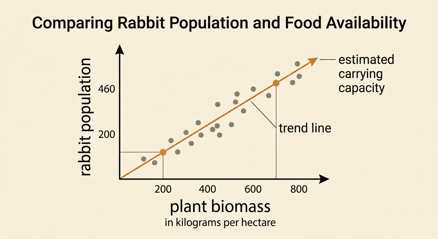 A labeled scatter plot shows rabbit population increasing with plant biomass, along with a trend line and an estimated carrying capacity reference.