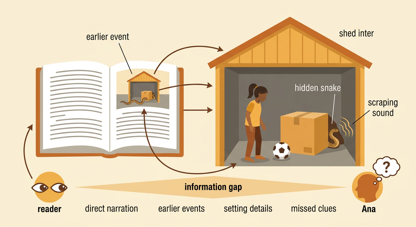 A cutaway view shows Ana blaming a branch while the reader’s wider view reveals the hidden snake and the information gap.