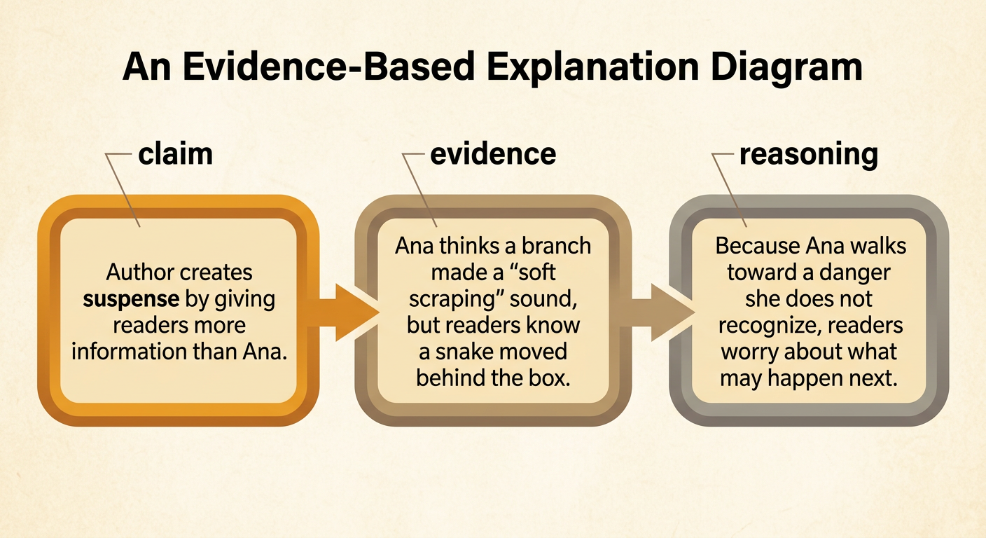 An annotated model paragraph connects a claim about suspense to evidence from Ana’s scene and reasoning about the reader’s worry.